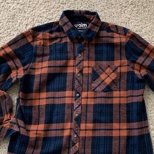 Men's Casual Plaid Button-Down Shirt - Navy and Orange